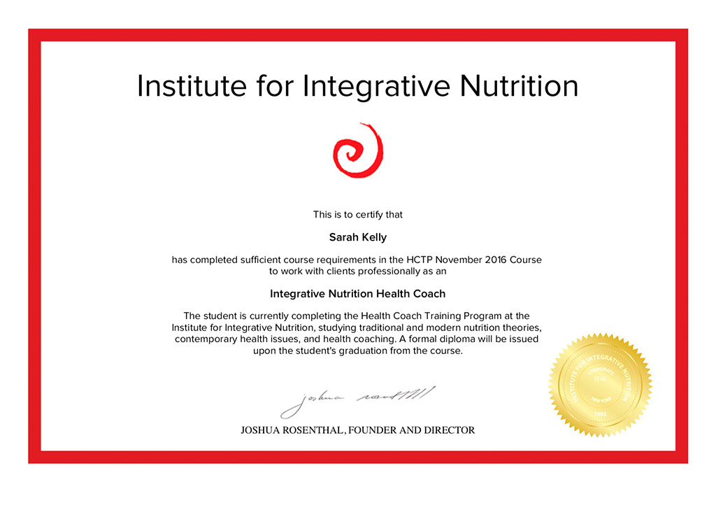 Institute for Integrative Nutrition Certificate of Sarah Kincaid Kelly